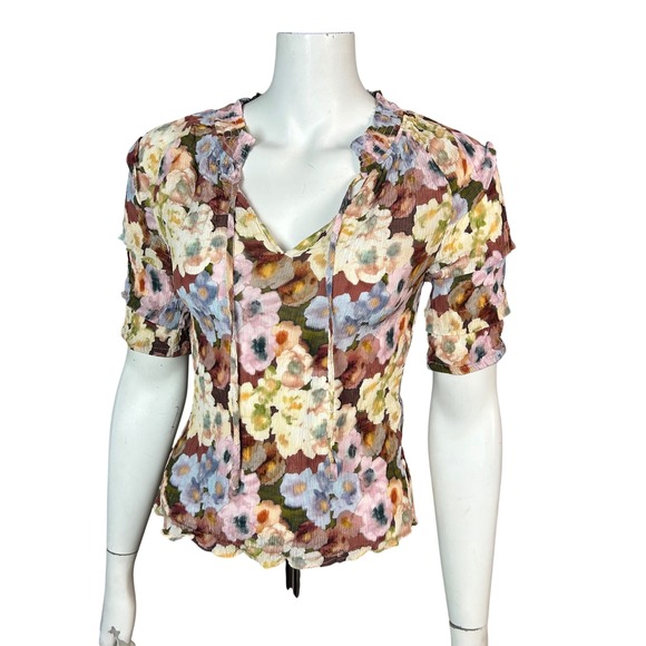 Rails Tops - Rails Floral Top Small Paris Painted Floral V-Neck Crinkle Ruffle Sleeve